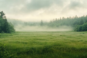 Obraz premium Misty Meadow at Dawn Ethereal Landscape with Fog Rolling Over Green Field and Forest.