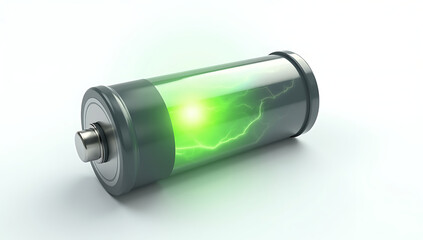 A simple 3D render of a drained battery refilling with green energy, symbolizing burnout recovery and regaining energy, placed on a plain white background.