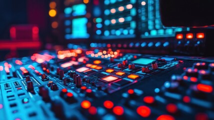 Illuminated Audio Mixer Console with Glowing Buttons and Faders