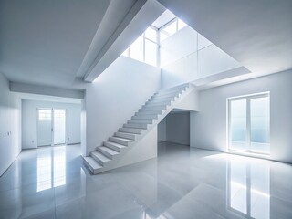 Obraz premium Minimalist White Room Interior with Grey Staircase - Empty Space Background Stock Photo