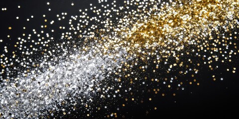 Elegant Black Background with Abstract Gold and Silver Glitter Confetti Falling, Perfect for Celebration and Festive Designs