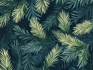 Abstract Evergreen Branches Watercolor Seamless Pattern - Dark Green and Yellow Foliage Background.