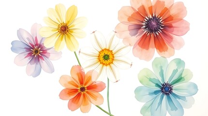 A delicate watercolor painting from a bird’s eye view depicts various flowers translucent washes and fluid brushstrokes create a top-down perspective.