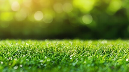 Fototapeta premium Lush Green Grass with Dew Drops and Bokeh Background in Sunlight.