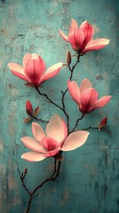 Beautiful magnolia flowers in bloom against a textured turquoise background, evoking tranquility