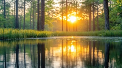 Serene sunset reflecting on a tranquil pond surrounded by lush trees in a peaceful forest