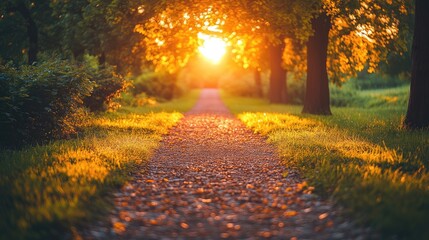 Serene sunset illuminating a peaceful pathway through a lush green park setting
