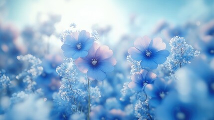 A serene field of delicate blue and pink flowers swaying gently under a bright sky