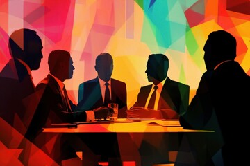 Abstract Silhouette of Business Meeting with Colorful Background and Geometric Shapes