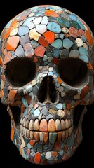 Colorful mosaic skull art piece showcasing intricate stone patterns against a dark background