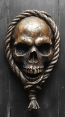 Intricate bronze skull sculpture with rope detail against a dark background, evoking a macabre theme