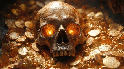A gleaming skull with glowing eyes rests atop a pile of shimmering gold coins in a dimly lit cavern