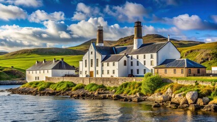 Fototapeta premium Distillery on rugged Islay island, rugged landscape