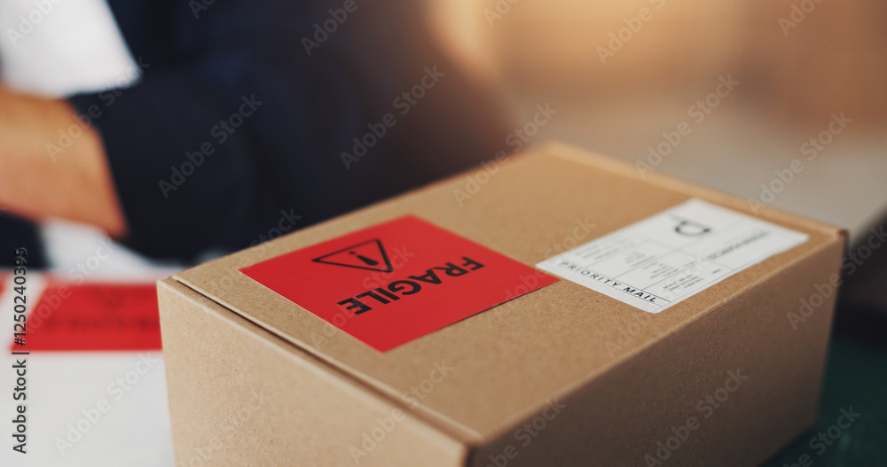 Poster business, man and package for fragile sticker of distribution, order invoice and shipping informatio