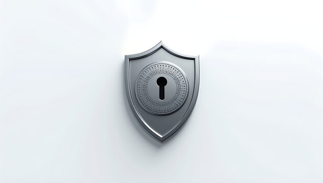  A simple 3D render of a keyhole inside a shield, symbolizing strong password protection and cybersecurity, placed on a plain white background.