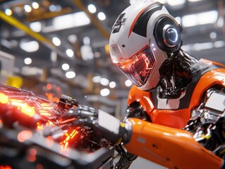 Fototapeta premium Futuristic Robot Working Diligently in a High-Tech Manufacturing Environment