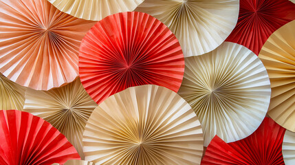 Elegant Red and Beige Paper Fan Pattern, Decorative Circular Design, Pleated Texture