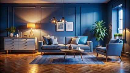 Modern Living Room Interior Design: Blue Walls, Grey Sofa, White Dresser, Wooden Floor - Low Light Photography
