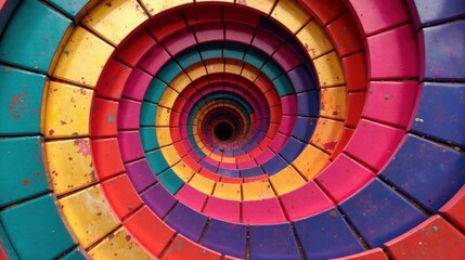 Vibrant Circular Pathway of Colorful, Weathered Tiles Leading to a Dark Center