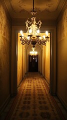 Naklejka premium Elegant Vintage Hallway with Crystal Chandeliers and Rich Gold Walls