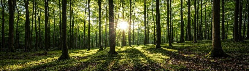 Naklejka premium A serene forest scene featuring tall trees, dappled sunlight filtering through the leaves, and soft shadows on the ground, evoking tranquility and nature's beauty.