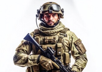Naklejka premium Modern Soldier in Thermal Gear, Isolated on White Background - Stock Photo