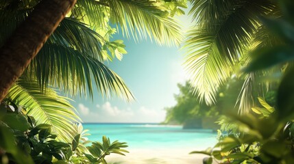 Tropical Paradise Beach Scene Framed by Palm Trees Turquoise Water, White Sand, and Lush Greenery.