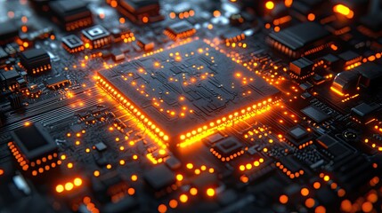 Obraz premium Close-up view of a glowing microchip on a circuit board, showcasing intricate details and vibrant lights