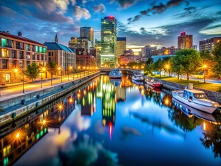 Naklejka premium Montreal Lachine Canal & Peel Basin, Griffintown - Long Exposure Night Photography