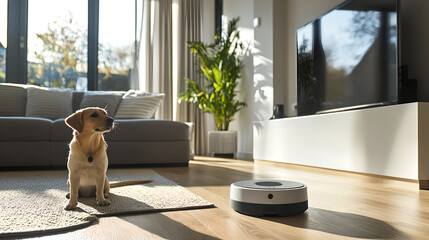 Golden Retriever in Modern Living Room with Robot Vacuum