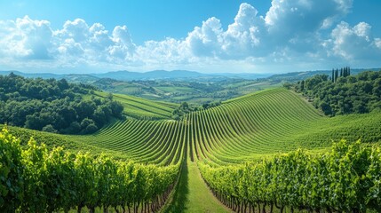 Fototapeta premium Expansive vineyard landscape under a bright sky with rolling hills and distant mountains