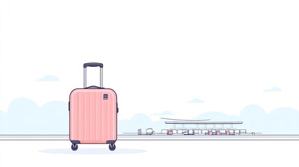 A pink suitcase stands alone at an airport, with planes and cargo in the background
