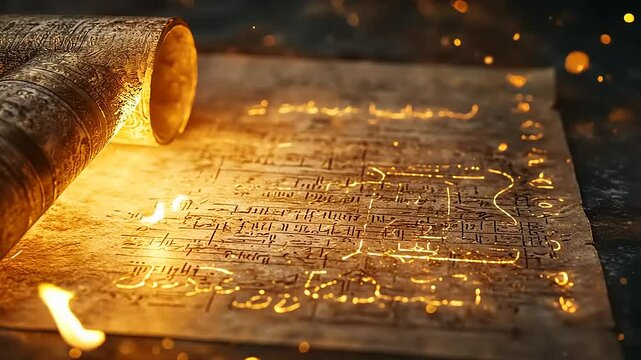 Ancient Ornate Scroll Unfurling, Embers Illuminating Script
