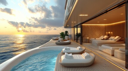 Fototapeta premium Luxurious yacht exterior with sun loungers and pool overlooking a serene ocean sunset
