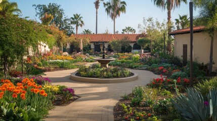 Fototapeta premium Serene Garden Oasis: A Tranquil Courtyard with Vibrant Blooms