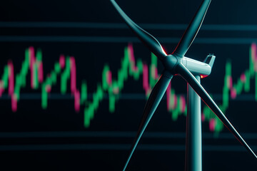 Renewable energy market trends. Wind turbine blades with stock market graph background, symbolizing energy trends