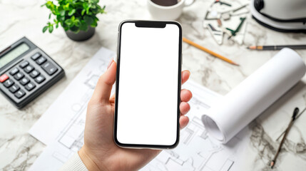 Architect's builder's office, view of the desk. Phone mockup. A man holds a mobile phone against the background of a table with construction drawings. The concept of productivity and focus