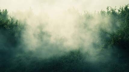 Ethereal Fog Landscape with Green Meadow and Forest Edge