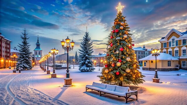 Nadym, Western Siberia: Festive City Square with Christmas Tree, January 2022