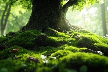 Explore the enchanting beauty of nature with this stunning close-up macro image showcasing vibrant green moss clinging to textured tree bark Witness the intricate details of natural elements, where