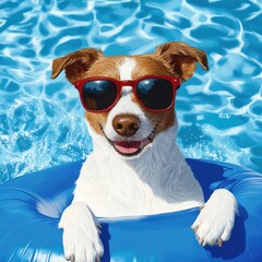 dog wearing red sunglasses enjoys floating in blue inner tube on sunny day. water sparkles around happy dog, creating joyful and playful atmosphere