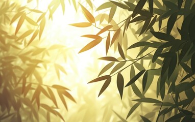 Obraz premium Serene Bamboo Forest Illustration with Golden Sunlight Filtering Through Leaves.