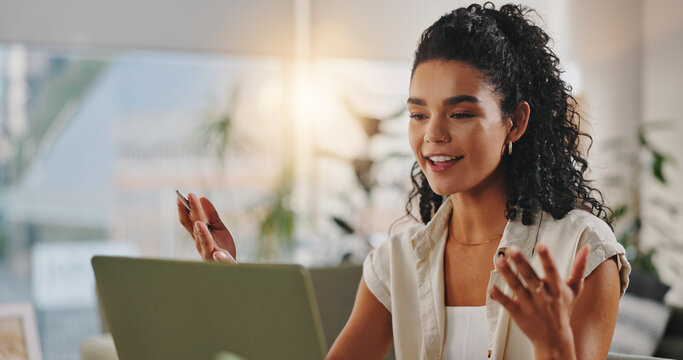Home, businesswoman and discussion with laptop for video call, article info or interview with source. Freelance, female person or journalist with tech for news story facts, credibility or remote work