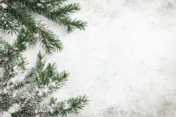 Obraz premium Fresh Green Fir Branches Covered in Snow on a Rustic White Background with Copy Space