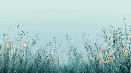 Fototapeta premium Serene Teal Meadow Abstract Floral Landscape with Wildflowers and Tall Grass, Soft Sky, and Muted Tones.