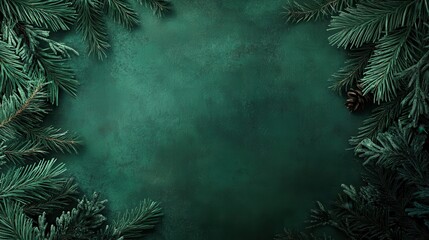 Dark Green Christmas Background with Fir Branches and Pine Cone, Copy Space.