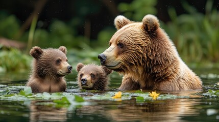 Obraz premium Family of bears swimming in a serene pond surrounded by lush greenery and flowers