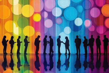 Business Networking Event Silhouettes Against Colorful Bokeh Background