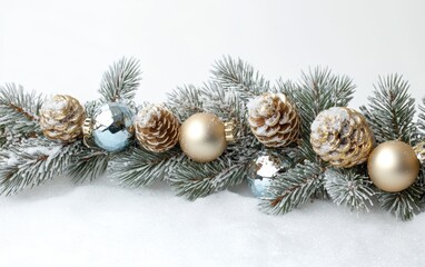 Fototapeta premium Festive Christmas Decoration Snowy Pine Branches, Gold Baubles, and Glittering Pine Cones on a White Background.