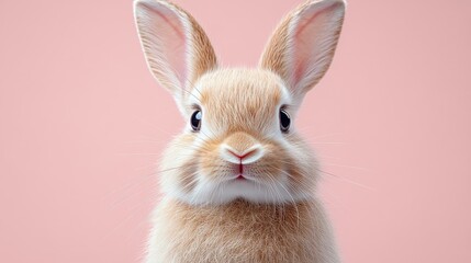 Fototapeta premium Adorable fluffy rabbit with big eyes against a soft pink background, perfect for animal lovers
